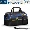 A navy blue heavy-duty tool organizer bag with multiple pockets and a black strap is shown.