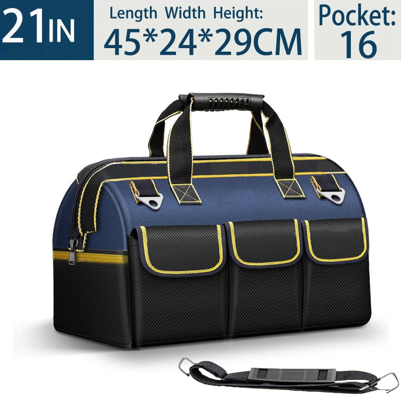 A navy blue heavy-duty tool organizer bag with multiple pockets and a black strap is shown.