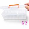 A hand holds a clear plastic multi-compartment hardware storage box with an orange lid.