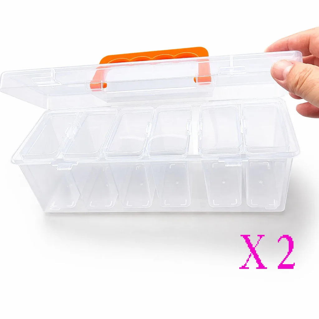 A hand holds a clear plastic multi-compartment hardware storage box with an orange lid.