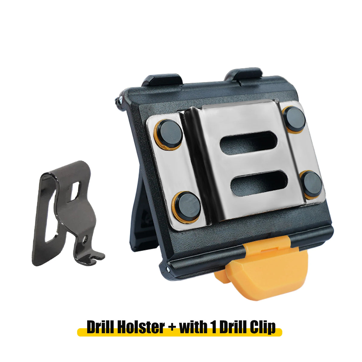 A black drill holster with a silver clip and an orange grip, including one drill clip.