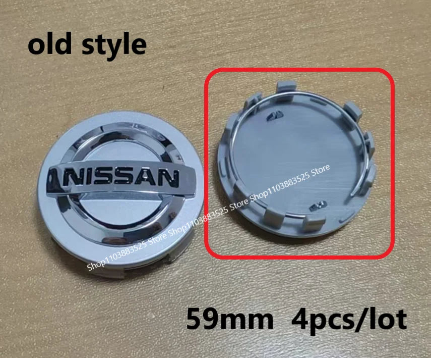 A close-up view of a silver wheel center hub cap with the Nissan logo, shown next to a magnified detail of the cap.