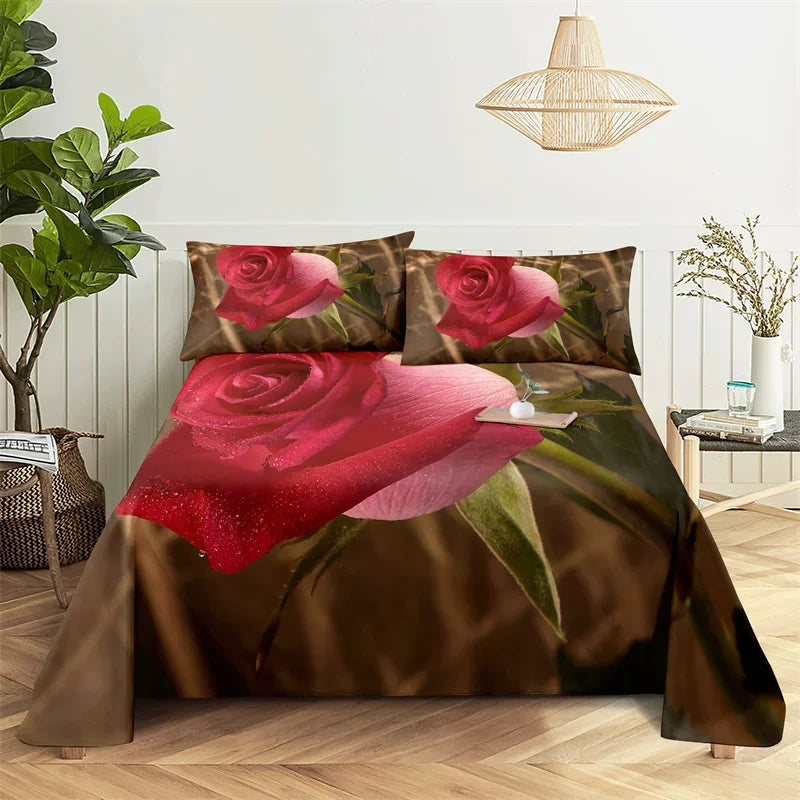 A bedding set featuring a large red rose digital print on brown fabric with a gold pendant light above.