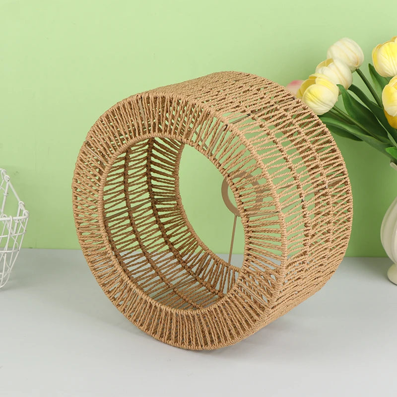 A woven paper rope pendant lampshade in natural brown color displayed against a light green background.