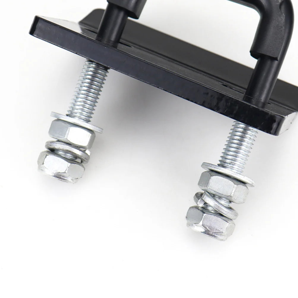 A black heavy duty anti-rattle hitch tightener clamp with silver bolts and nuts.
