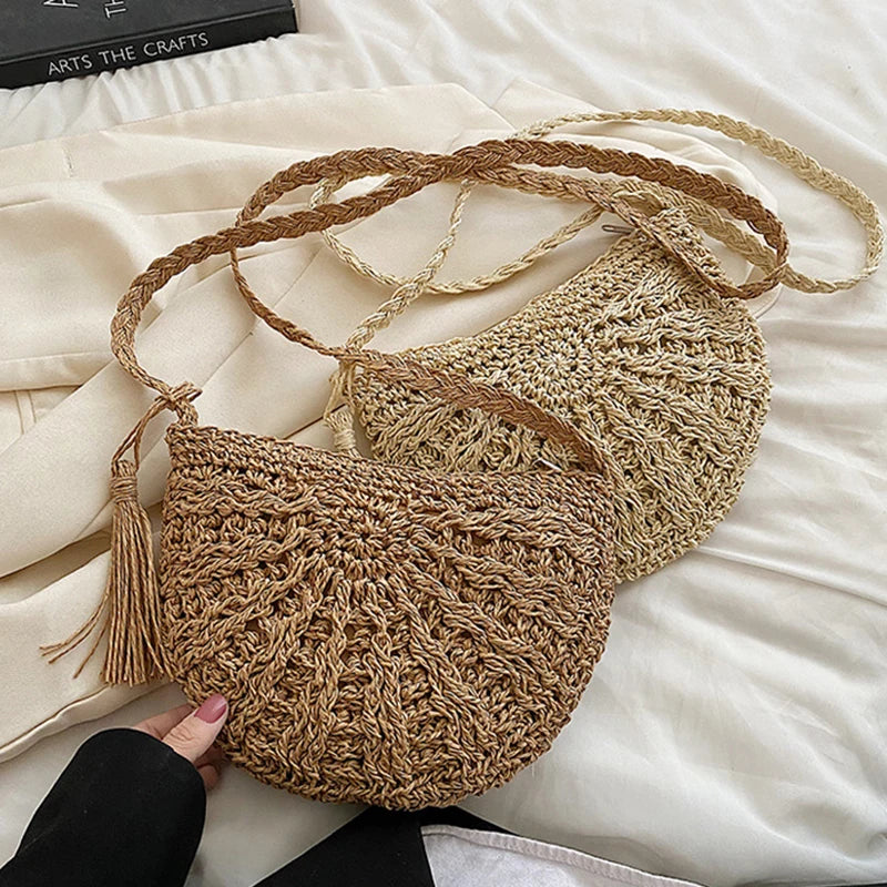 Handwoven Straw Semicircle Crossbody Bag with Tassel