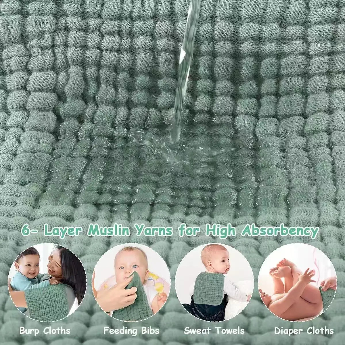 A collection of 6-layer muslin yarns used for baby burp cloths, feeding bibs, sweat towels, and diaper cloths.