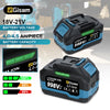 A black and blue rechargeable 18V Lithium-Ion battery pack with a green indicator showing 998V capacity.