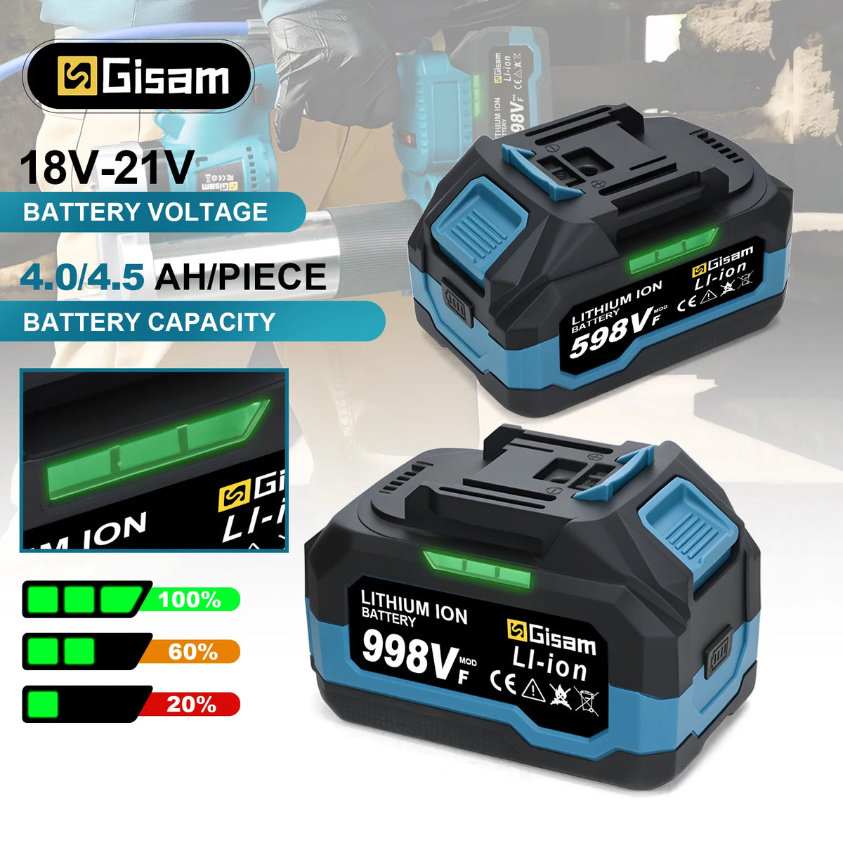 A black and blue rechargeable 18V Lithium-Ion battery pack with a green indicator showing 998V capacity.