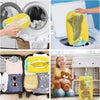 Reusable shoe laundry bag with a bristled brush being washed in a white washing machine.