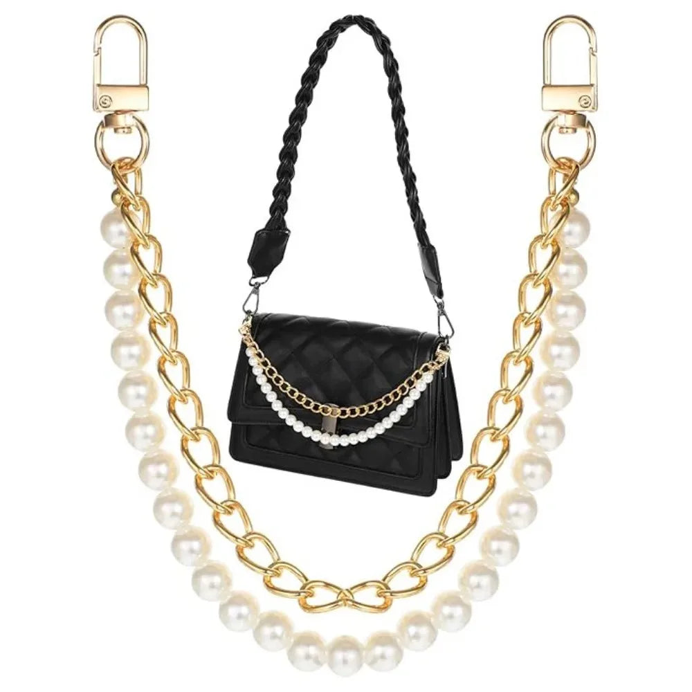 Elegant pearl and gold purse chain featuring a black quilted leather pouch.