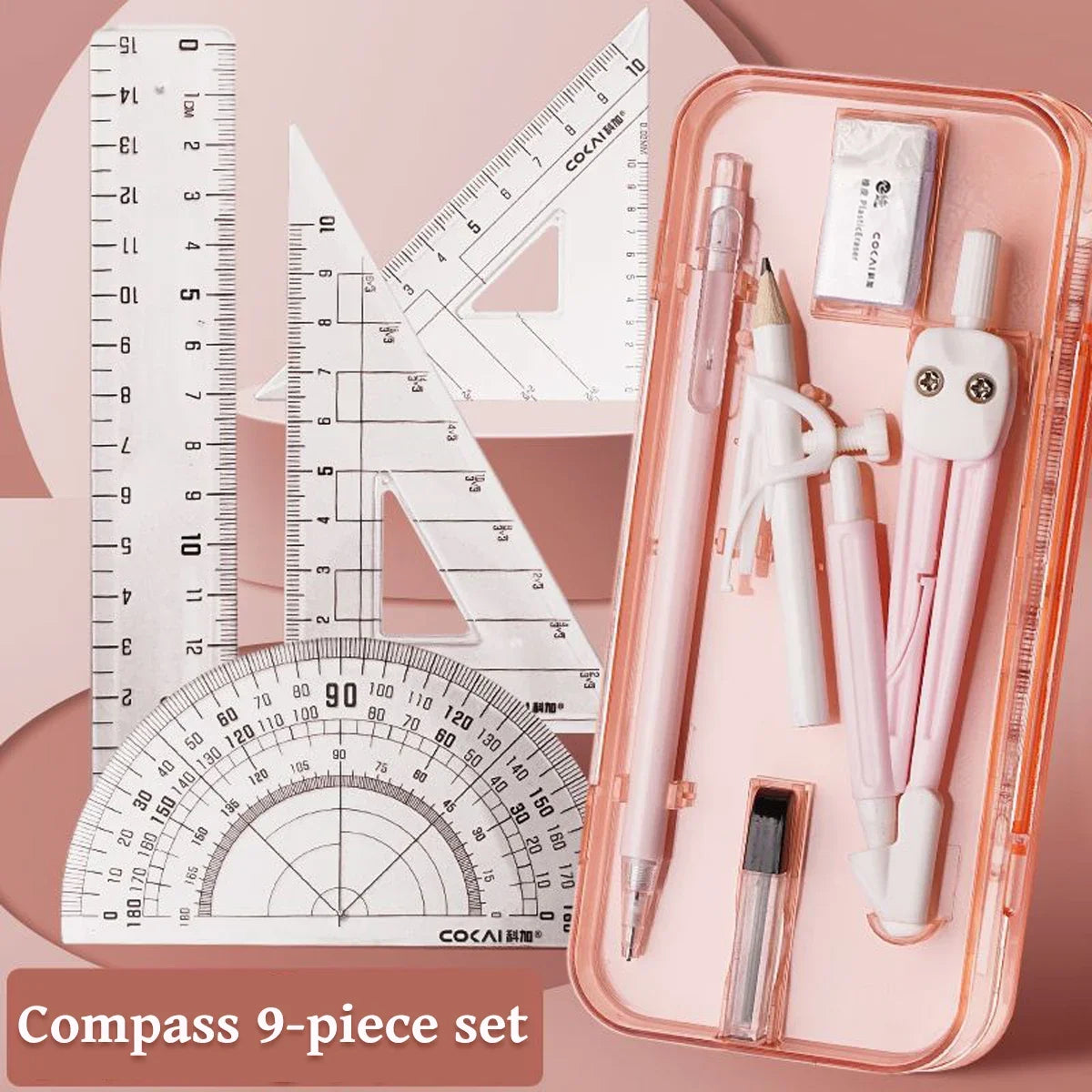 A pink storage case containing a 9-piece geometry drawing set including rulers, compasses, and protractors.