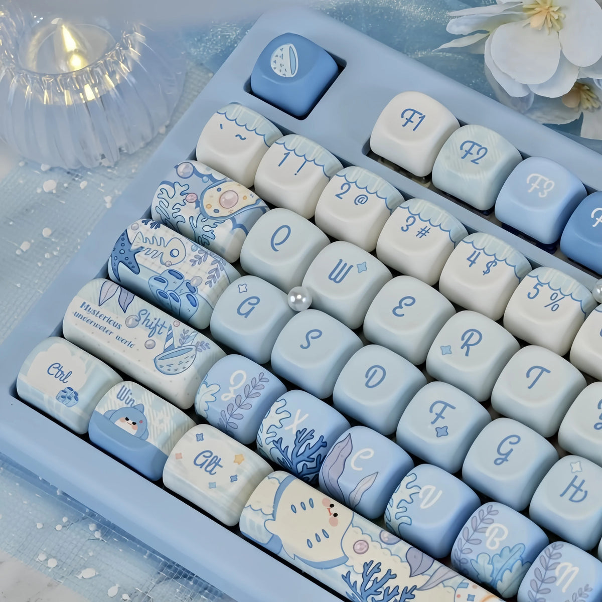 Ocean blue MOA Profile PBT keycaps for mechanical keyboards arranged in a tray.