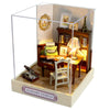A DIY miniature dollhouse kit featuring a wooden puzzle craft with LED lights and decorative elements.