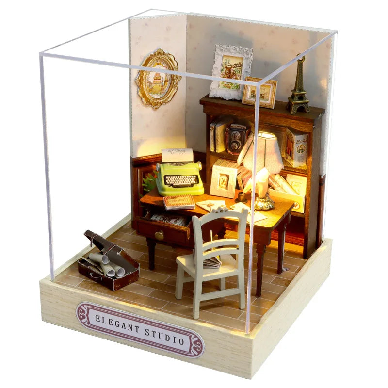 A DIY miniature dollhouse kit featuring a wooden puzzle craft with LED lights and decorative elements.