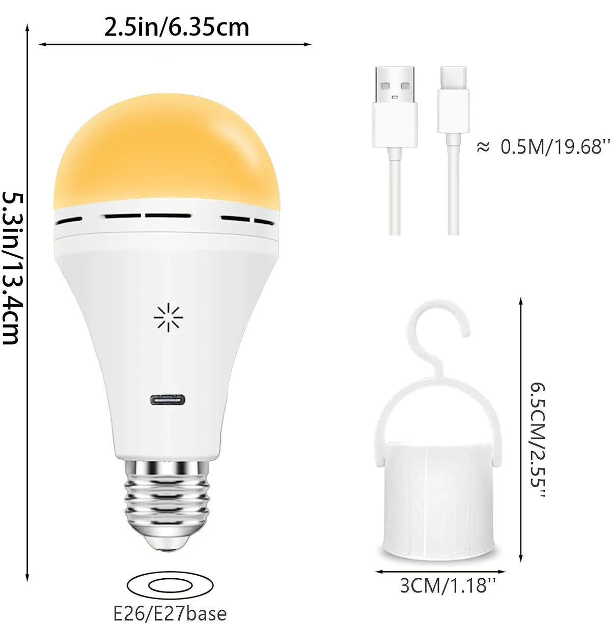 A white LED light bulb with a yellow dome and an E26 base, shown next to its remote control.