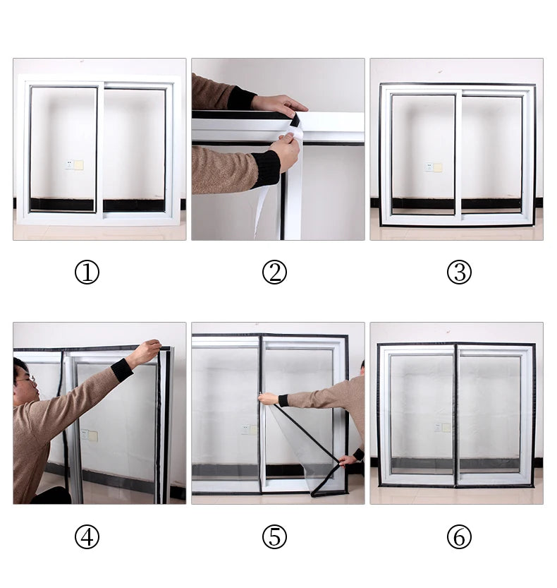 Six steps demonstrating the installation of a self-adhesive window screen mesh with a zipper for mosquito net protection.