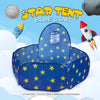 A blue star themed play tent with a transparent window and yellow stars on the fabric.