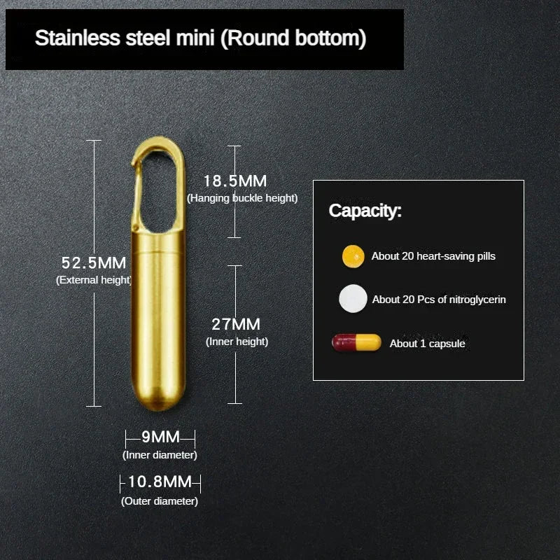 Stainless steel mini pill capsule with a hanging buckle and keychain attachment