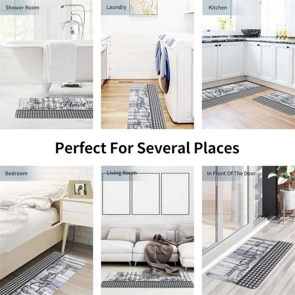 A collection of non-slip mats in various designs and sizes for kitchen, bathroom, and home use.