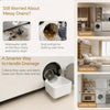 A white washing machine drain funnel and overflow guard with a drip pan shown next to a laundry room appliance.