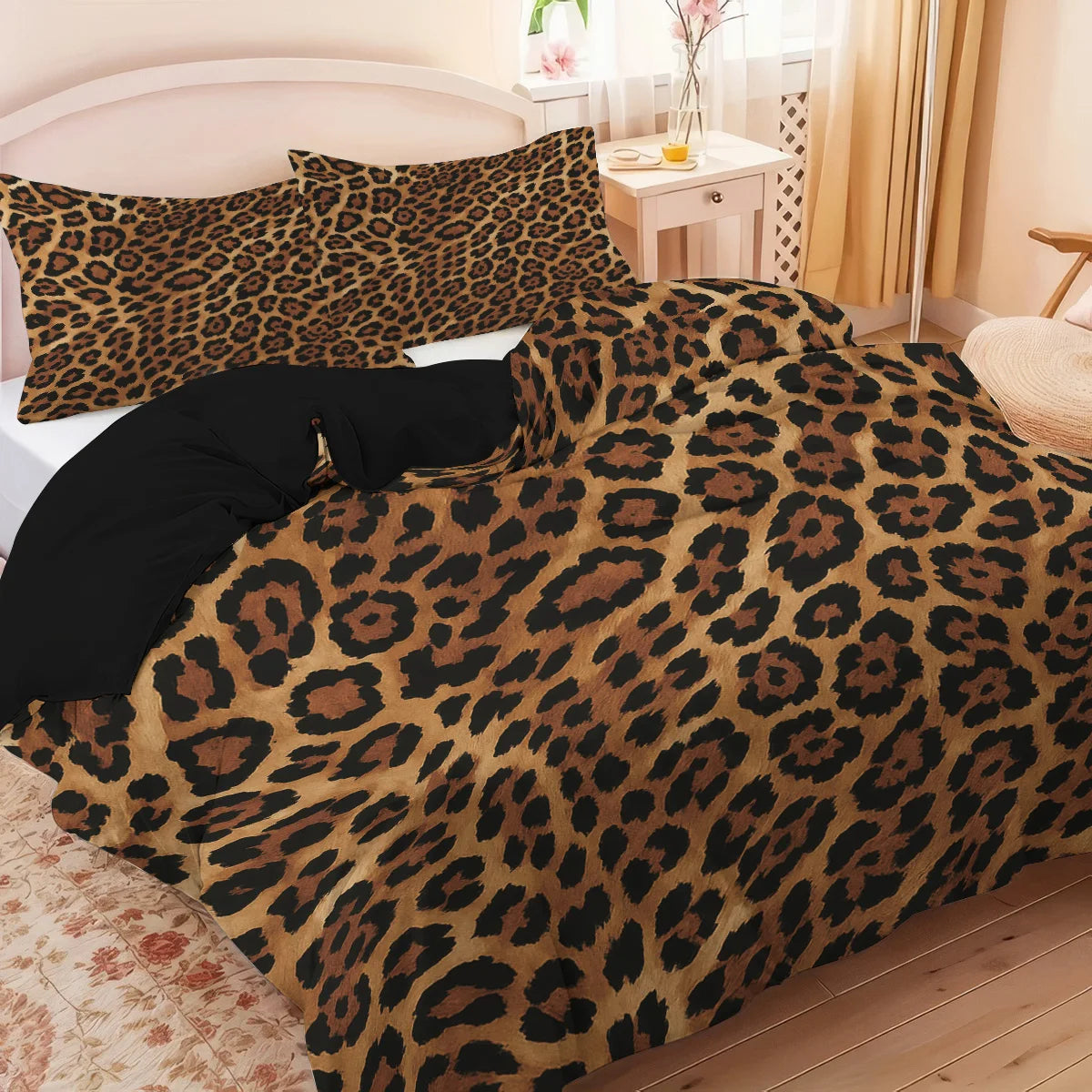 Brown leopard print duvet cover set with matching pillowcases displayed on a bed.