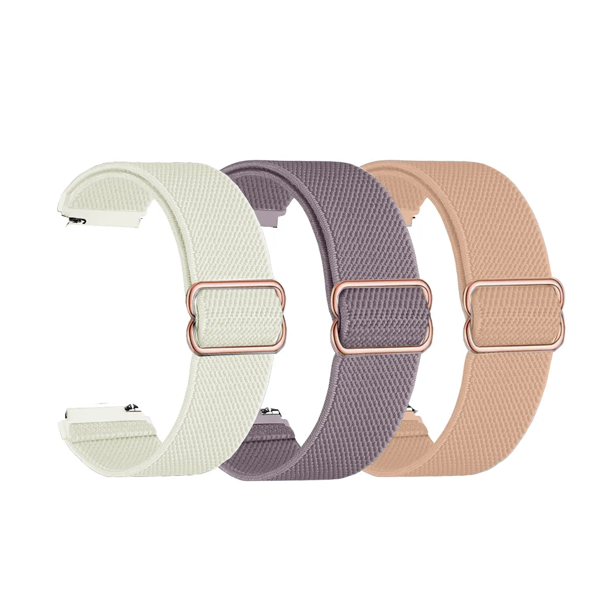 Tres bandas elásticas deportivas de colores para rastreadores de actividad física: crema, púrpura y melocotón.