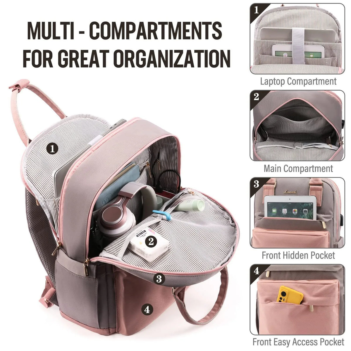 Women's Nylon Waterproof Casual Backpack with USB Port, Fits 15.6 Inch Laptop