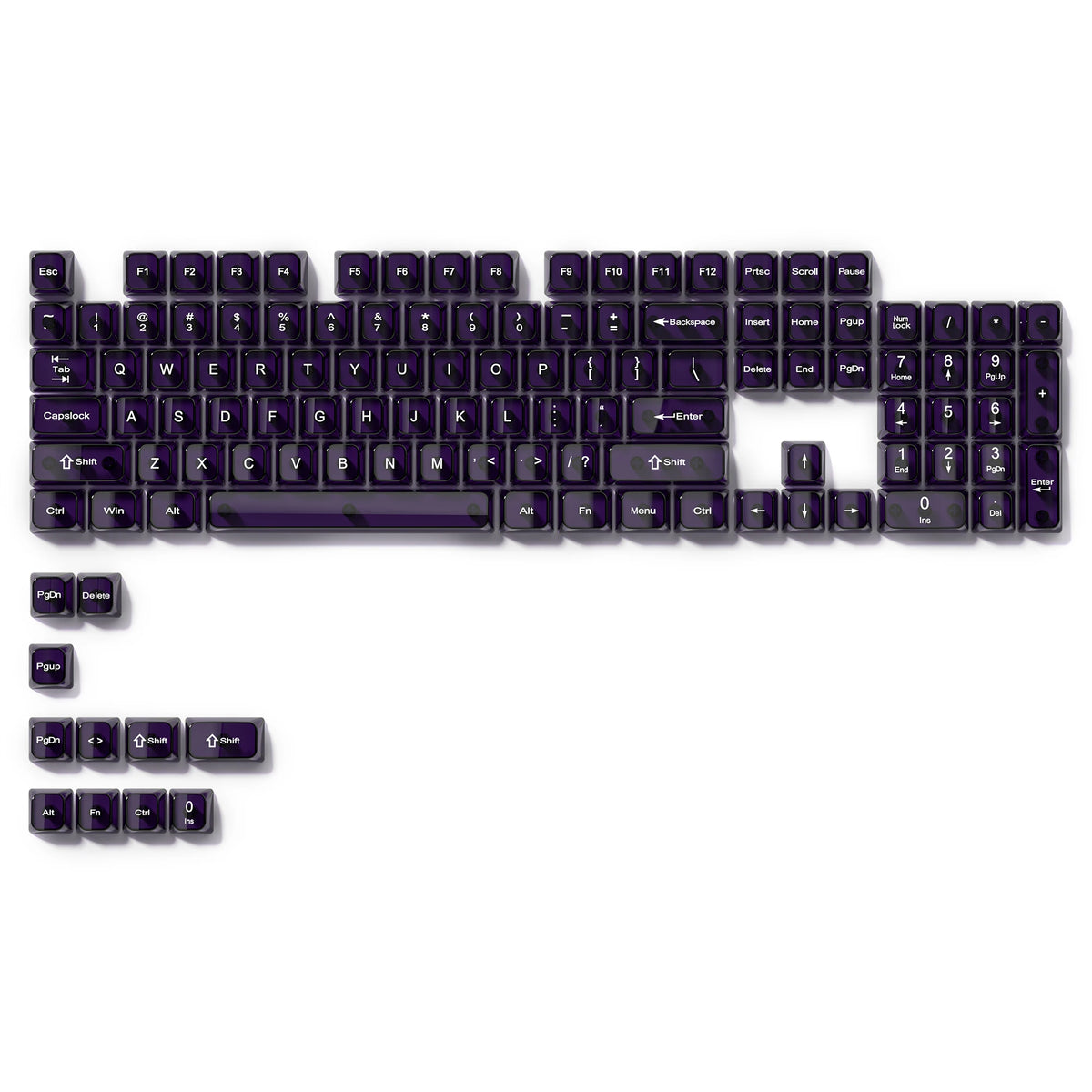 A full set of 115-key crystal clear RGB backlit keycaps with an MDA profile.