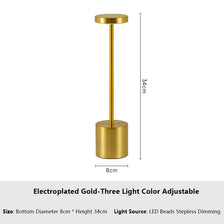 Gold electroplated three light color adjustable lamp with an 8cm base and 34cm height