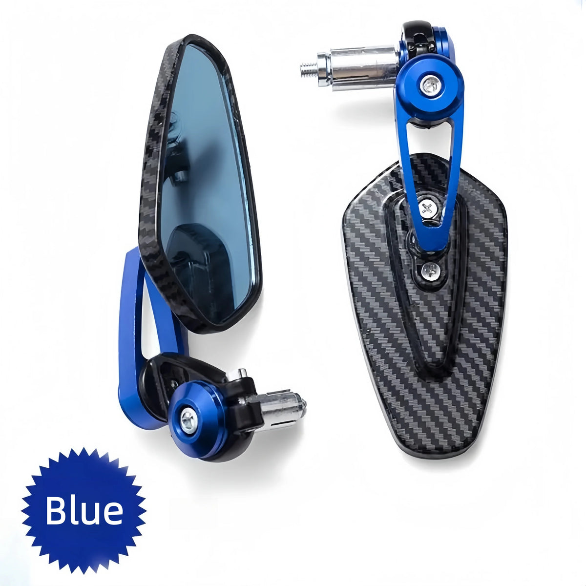 A blue carbon fiber motorcycle handlebar mirror with a blue lens and aluminum alloy mounting.