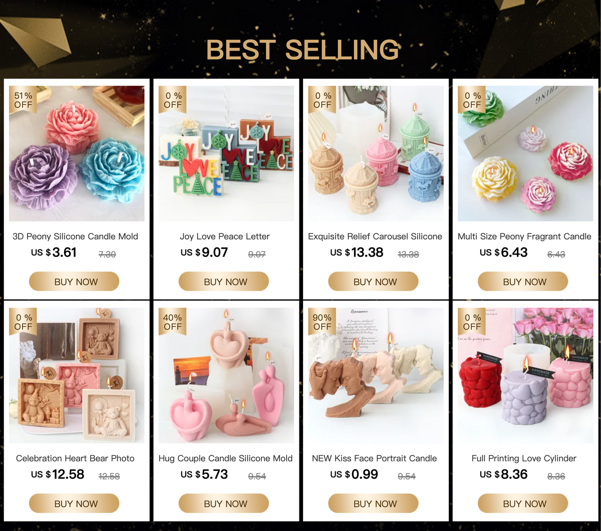 A collection of silicone molds for DIY candles and soap including peony, heart, and various floral shapes.