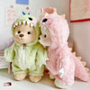 A soft pink and green dinosaur jumpsuit outfit for a 30cm medium teddy bear doll.