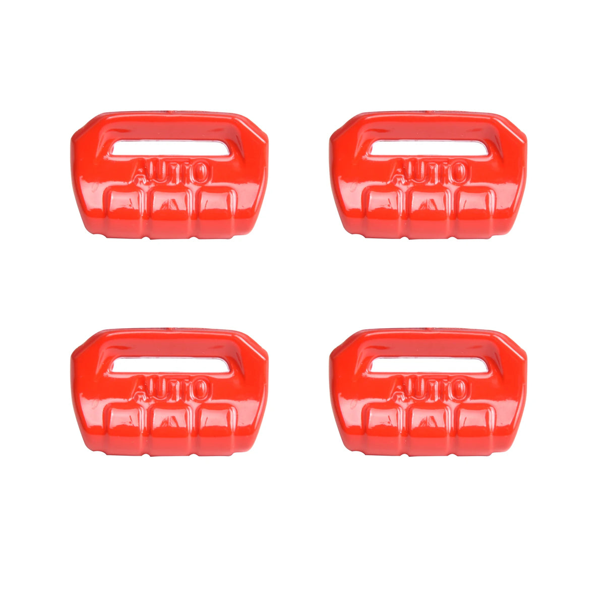 Four bright red plastic trim covers for Jeep Wrangler JL and Gladiator JT window switches.