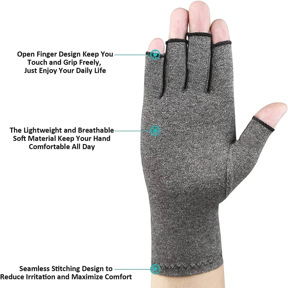 A close-up view of a gray fingerless compression glove designed for daily use.