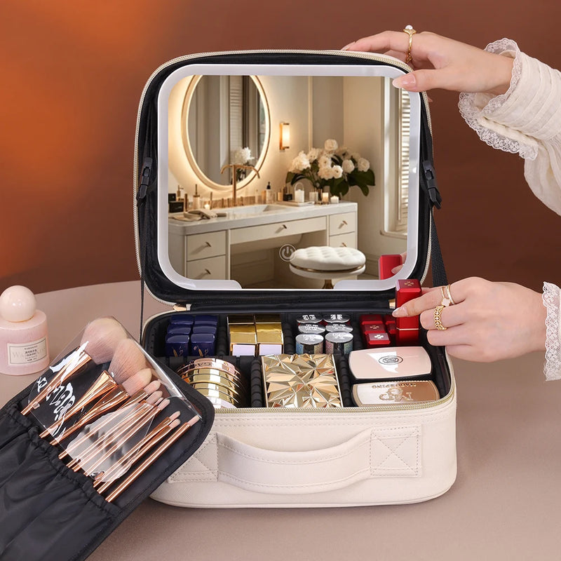 Travel Makeup Bag with USB-Powered LED Mirror