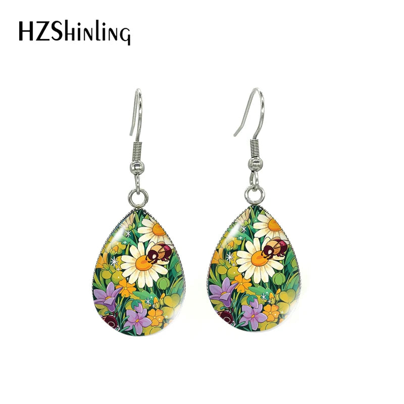 Aretes de Aro en Forma de Lágrima con Arte de Abeja y Flores