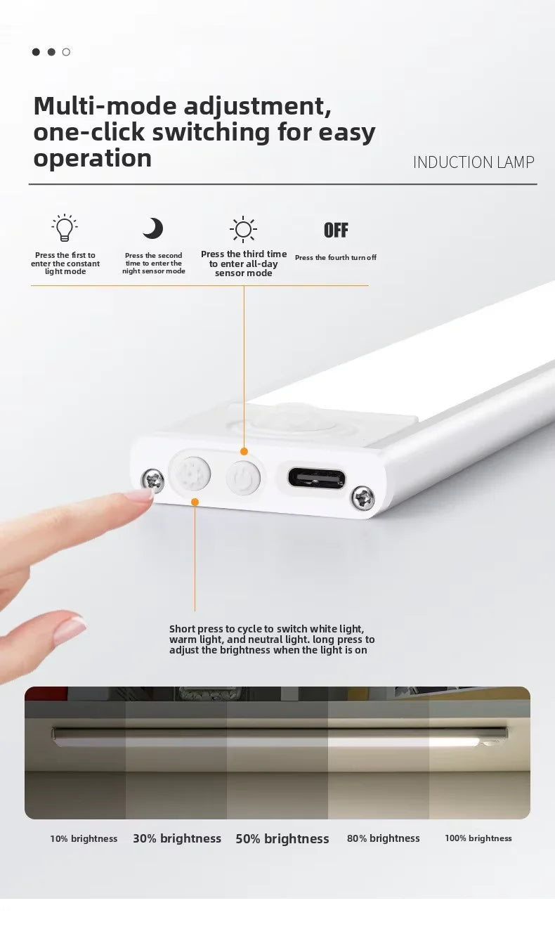 A hand presses a button on a white LED induction lamp to adjust the brightness level.