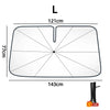A flat, rectangular sun shade or umbrella is shown with dimensions 121cm by 143cm and a thickness of 77cm, next to an emergen