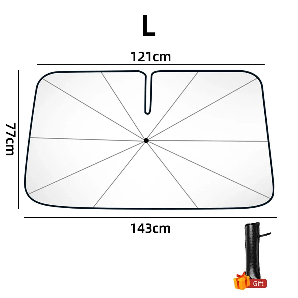 A flat, rectangular sun shade or umbrella is shown with dimensions 121cm by 143cm and a thickness of 77cm, next to an emergen
