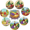 A set of nine colorful diamond art coasters featuring fruit and floral designs on a metal stand.