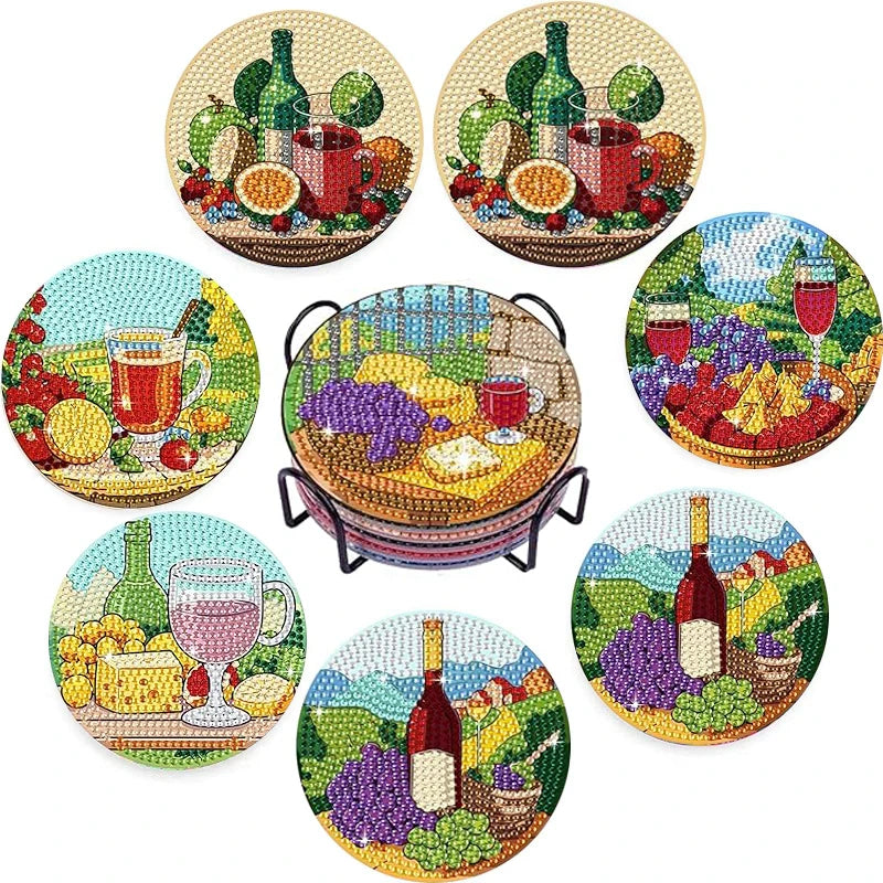 A set of nine colorful diamond art coasters featuring fruit and floral designs on a metal stand.