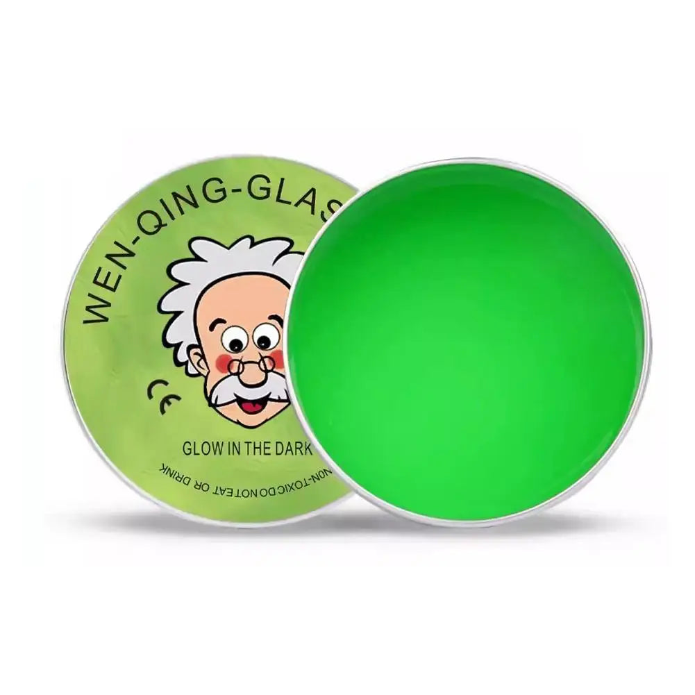 A green glass storage tin with a cartoon face design labeled Wen-Qing-Glass