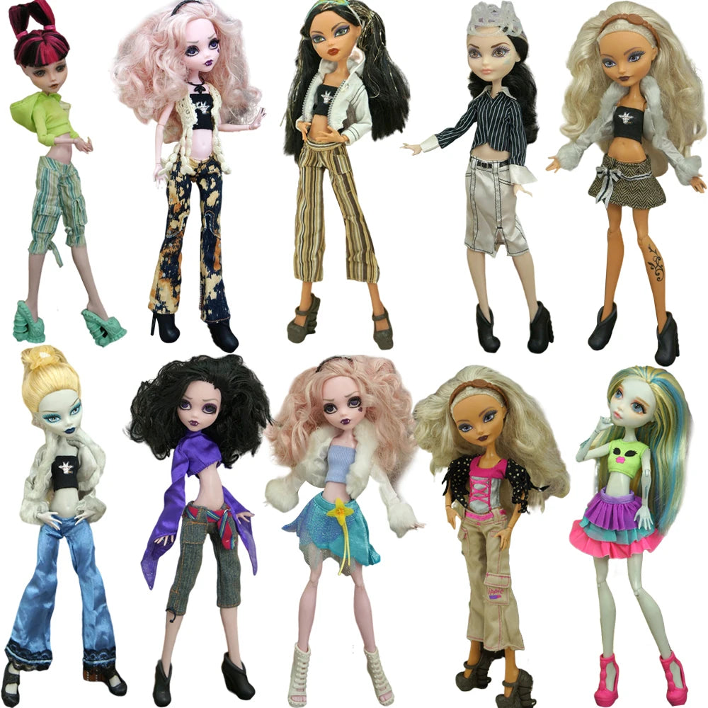 A collection of various fashion dolls dressed in stylish outfits and clothing.