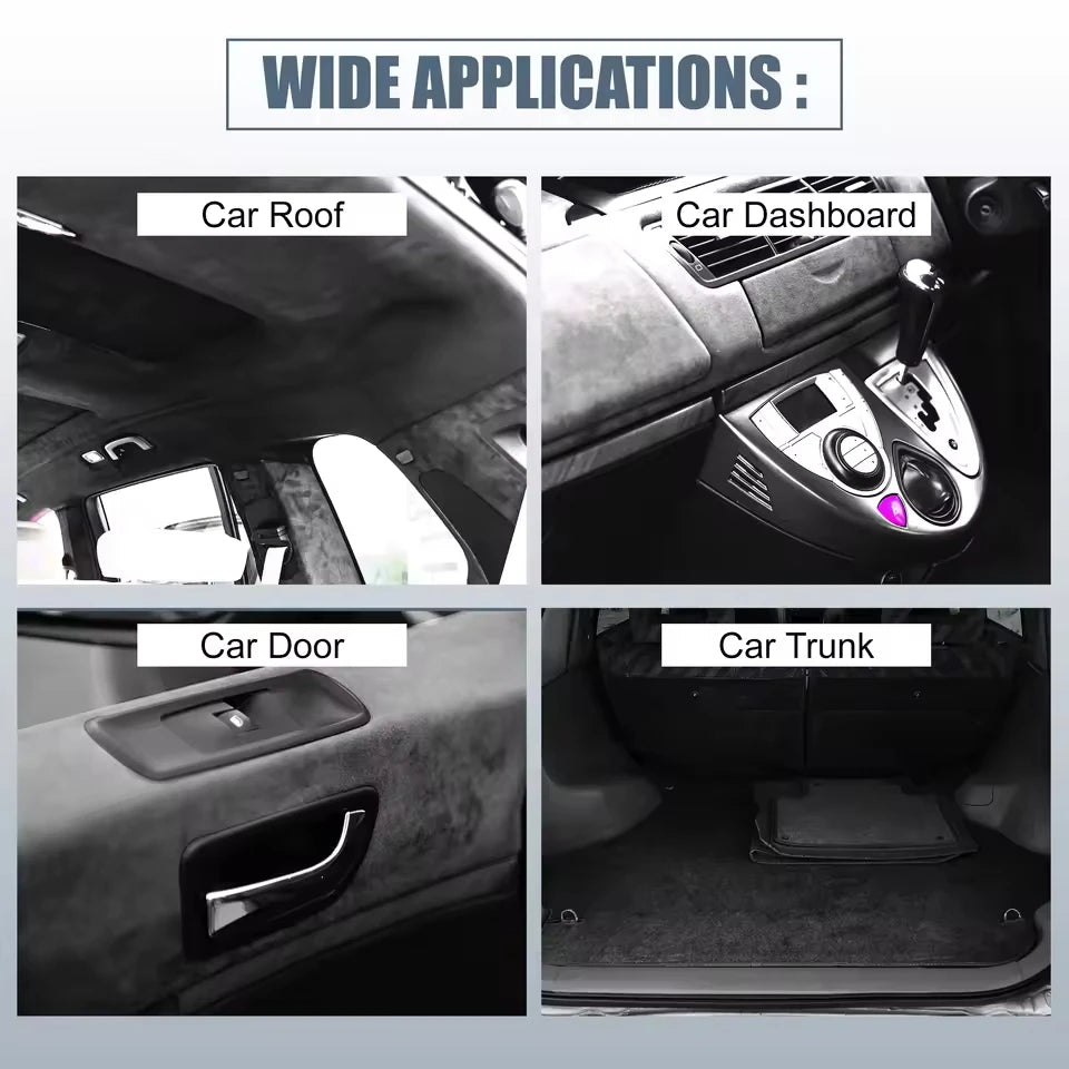 Images showing wide applications of premium suede fabric for car roof, dashboard, door, and trunk interior repair.