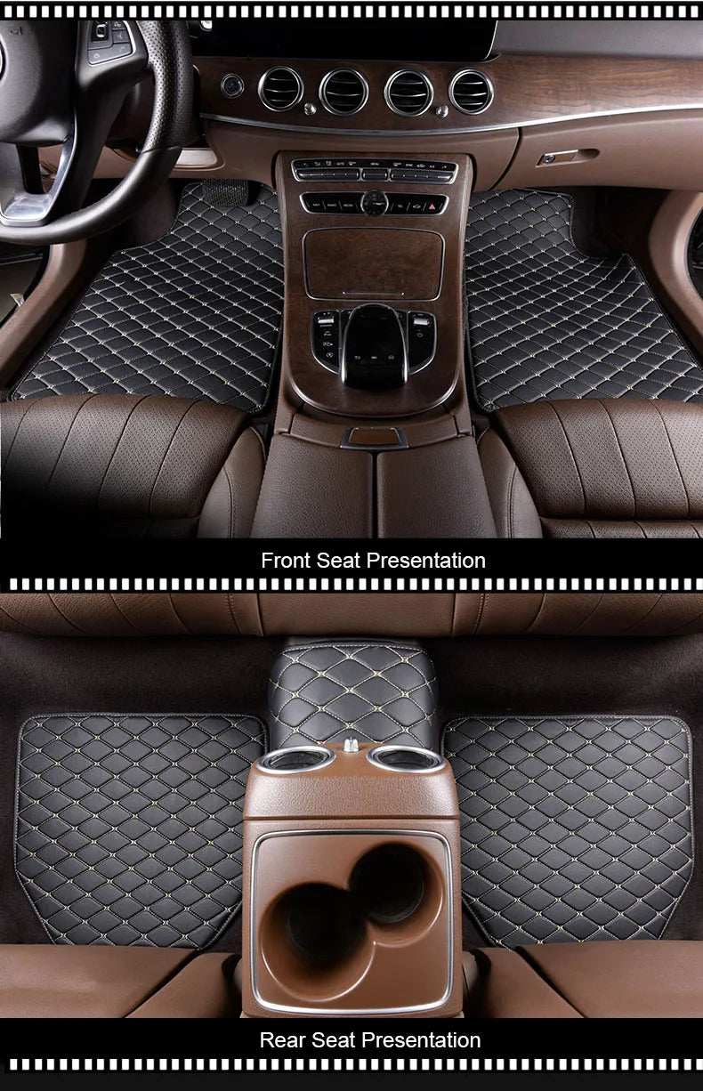 Front and rear seat presentations of waterproof leather car floor mats in brown color