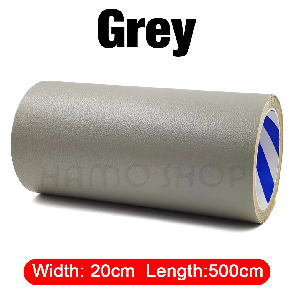 A grey roll of self-adhesive PU leather repair patch with dimensions 20cm wide and 500cm long.
