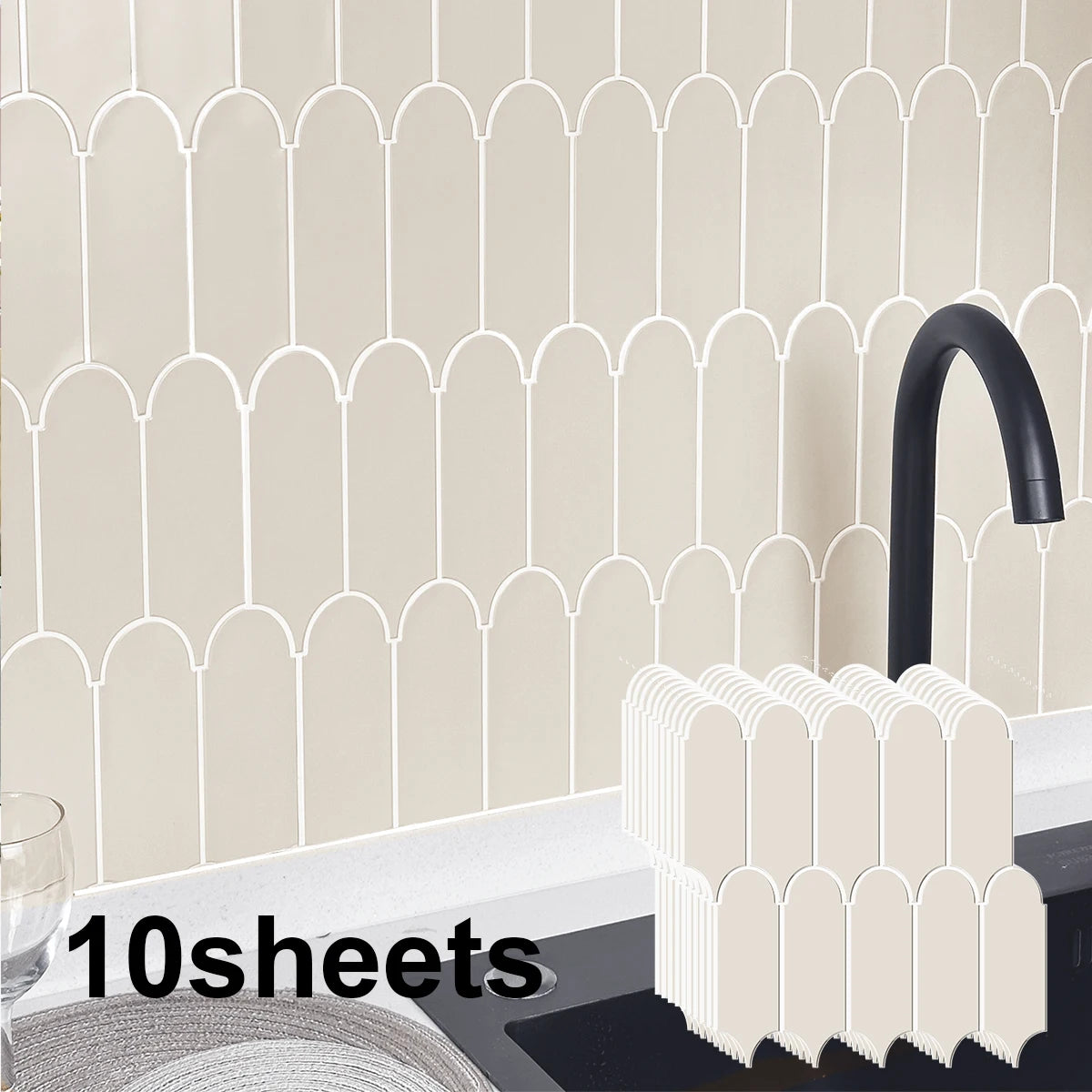 A display of ten sheets of premium thick peel-and-stick 3D backsplash tiles in a light beige color against a tiled wall backg