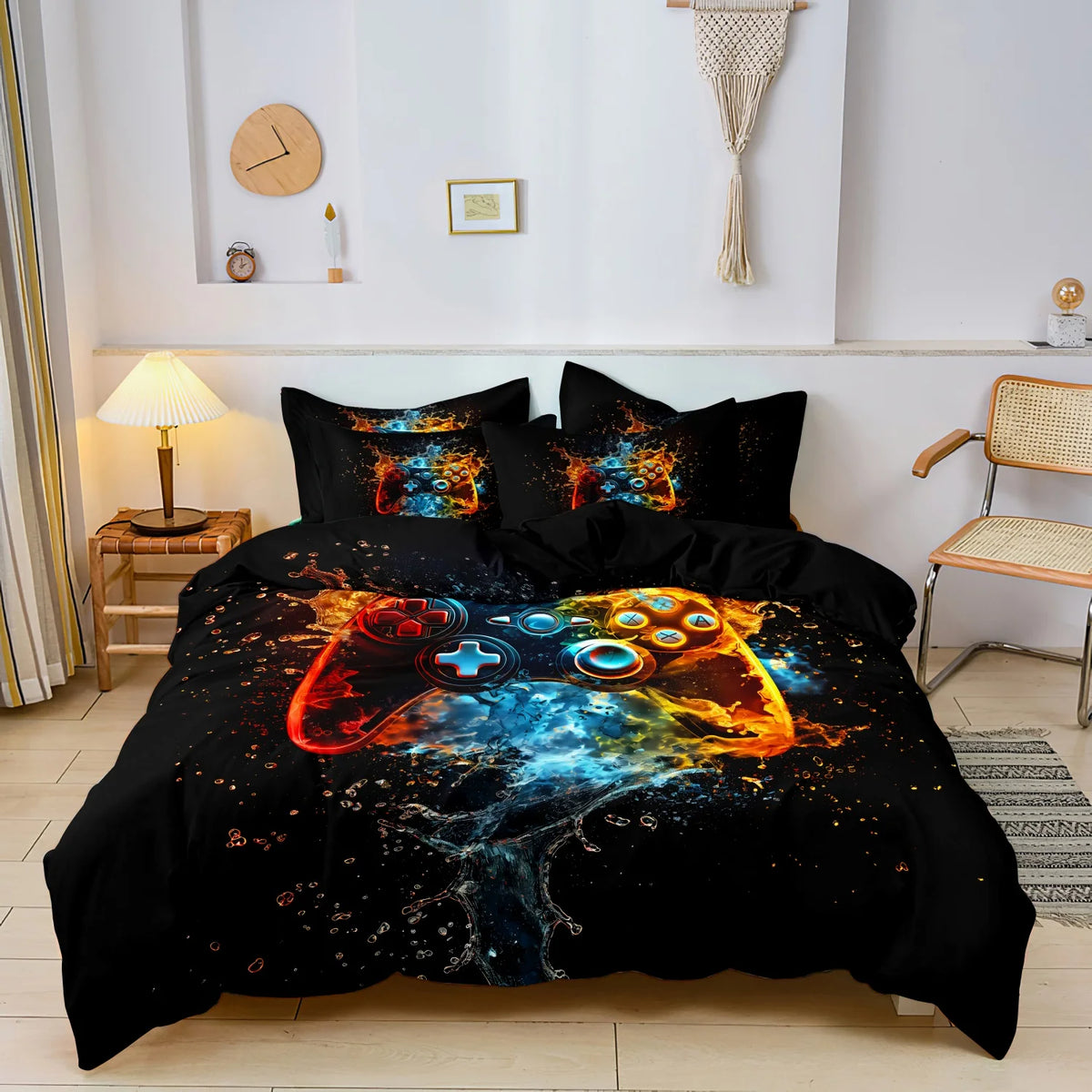 Black duvet cover featuring a vibrant, glowing controller and keyboard print on a dark background.