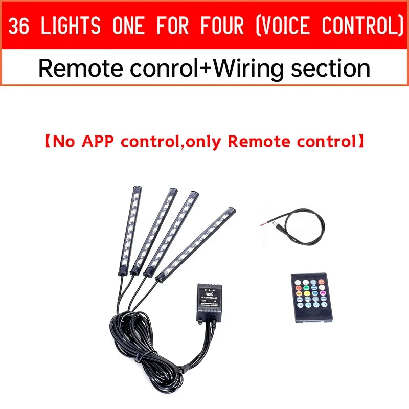 A set of 36 lights with a remote control and wiring section for motorcycle RGB sound-activated LED strips